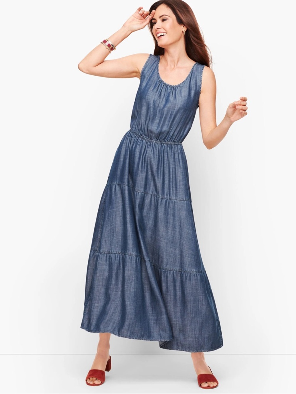 Talbots Tencel Chambray Maxi Dress Tiered Sleeveless Size 4